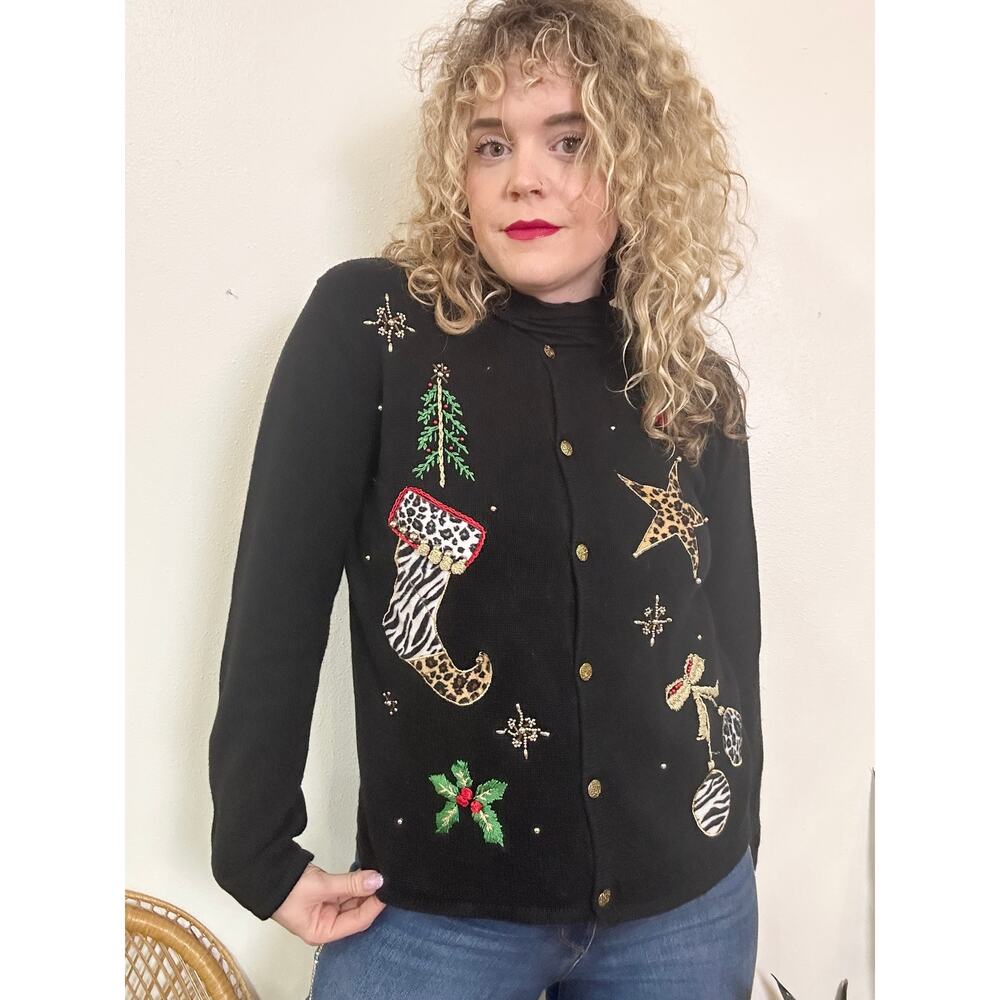 Y2K Animal Print Christmas Cardigan size Large